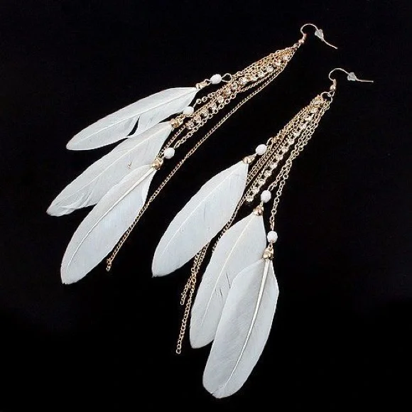 🔥3/$20 Sale🔥 Black White or Blue Gold Feather Earrings - Picture 2 of 3